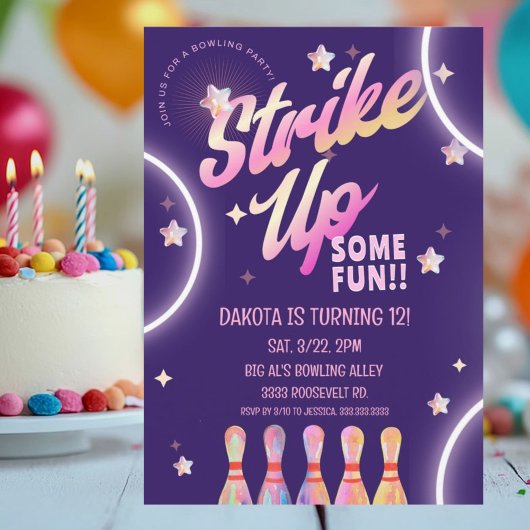 Bowling Verjaardag Neon Pink Party Kaart