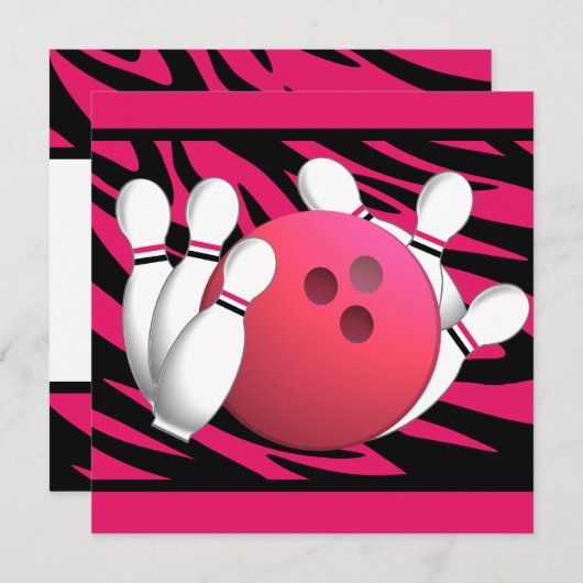 Bowling Verjaardag Neon Roze en Zebra Strepen Kaart (Voorkant / Achterkant)