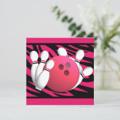 Bowling Verjaardag Neon Roze en Zebra Strepen Kaart (Staand voorkant)