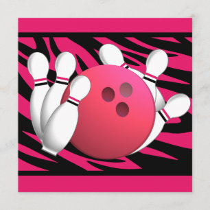 Bowling Verjaardag Neon Roze en Zebra Strepen Kaart