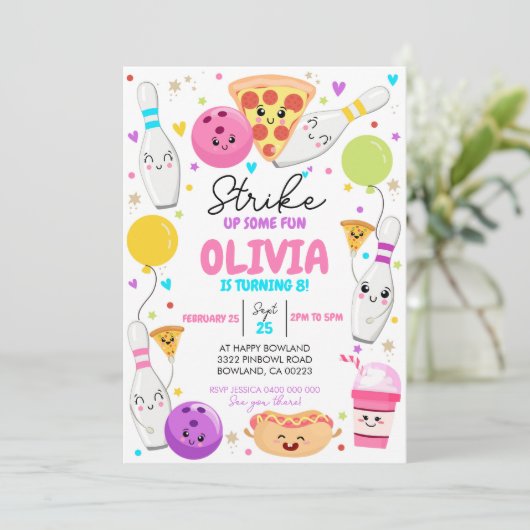 Bowling Verjaardag Uitnodiging Bowling Pizza Party (Staand voorkant)