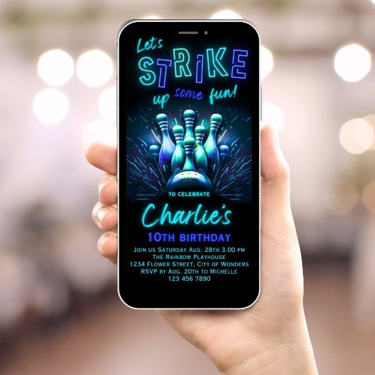 Bowling Verjaardag Uitnodiging Jongens Blauw Neon