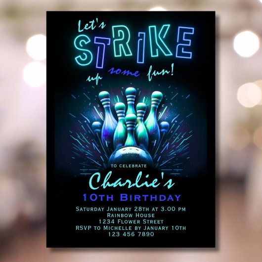 Bowling Verjaardag Uitnodiging Jongens Blauw Neon 
