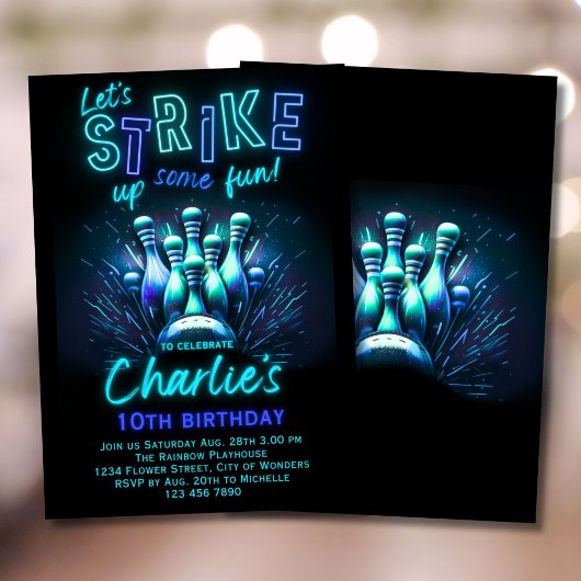 Bowling Verjaardag Uitnodiging Jongens Blauw Neon 