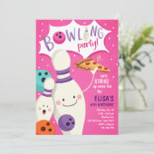 Bowling Verjaardag Uitnodiging Meisje Roze Pizza S (Staand voorkant)