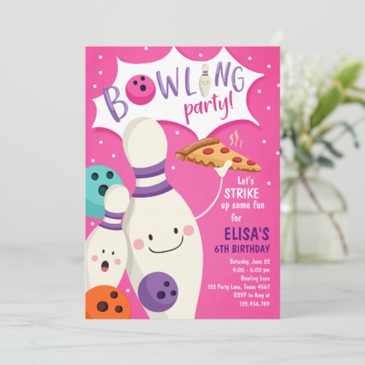 Bowling Verjaardag Uitnodiging Meisje Roze Pizza S (Staand voorkant)