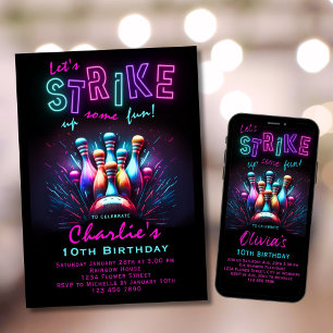Bowling Verjaardag Uitnodiging Meisjes Pink Neon