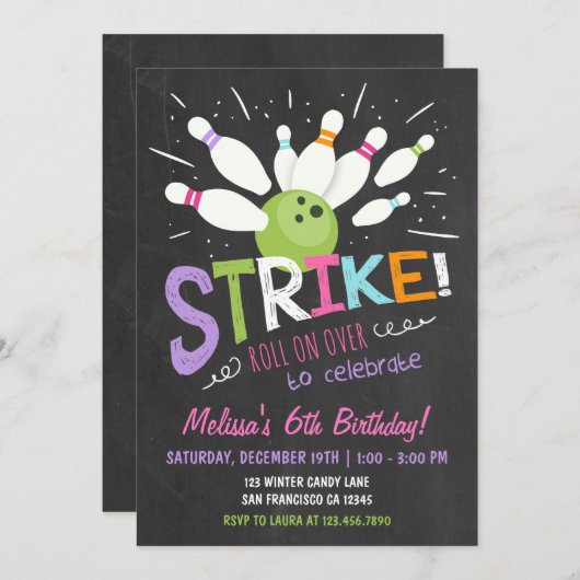 Bowling Verjaardag Uitnodiging Roze Paarse Meisje (Voorkant / Achterkant)