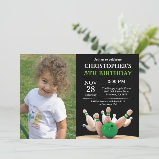 Bowling Verjaardag Uitnodiging Verjaardagsfeest Gr (Staand voorkant)