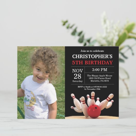 Bowling Verjaardag Uitnodiging Verjaardagsfeest Ro (Staand voorkant)