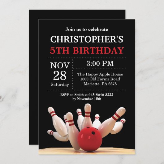 Bowling Verjaardag Uitnodiging Verjaardagsfeest Ro (Voorkant / Achterkant)