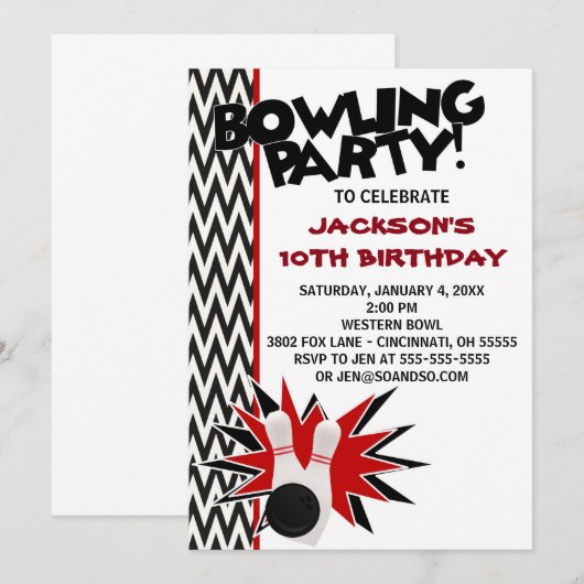 Bowling verjaardagsfeest op maat uitnodiging (Voorkant / Achterkant)