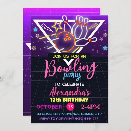 Bowling Verjaardagsfeest, Strike Neon Party Kaart (Voorkant / Achterkant)