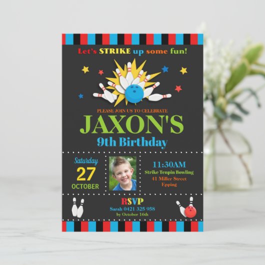 Bowling Verjaardagsfeest Uitnodigingen Jongens (Staand voorkant)
