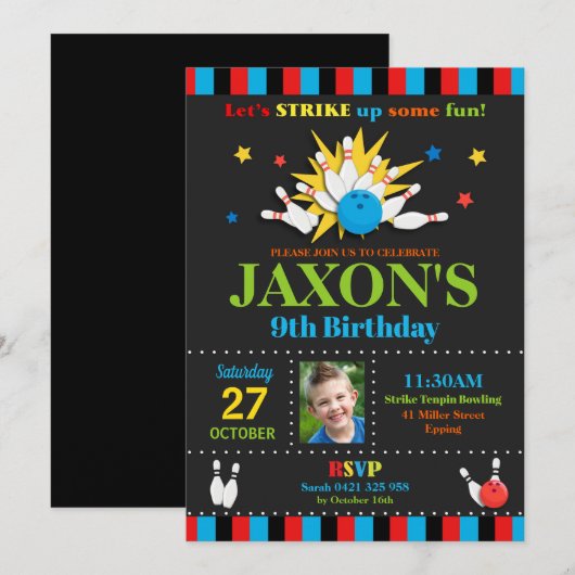 Bowling Verjaardagsfeest Uitnodigingen Jongens (Voorkant / Achterkant)