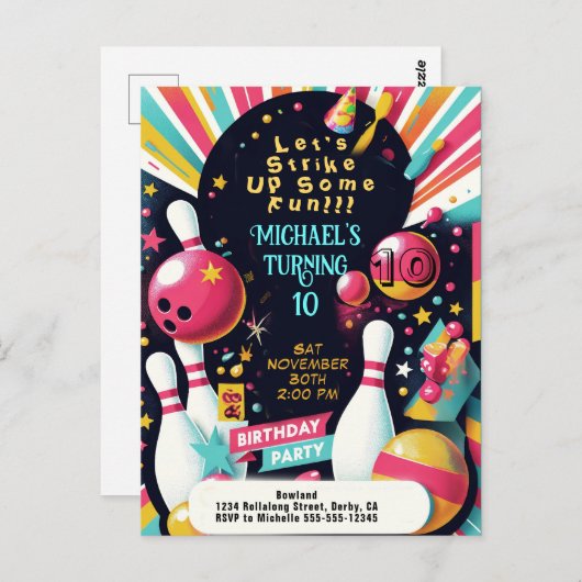 Bowling verjaardagsfeestje briefkaart (Voorkant / Achterkant)