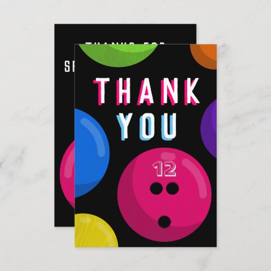 Bowling Verjaardagsfeestje Cosmic Bowling Neon Roz Bedankkaart (Voorkant / Achterkant)