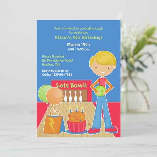 Bowling verjaardagsfeestje platte uitnodiging (Staand voorkant)