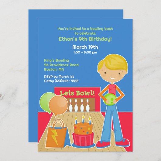 Bowling verjaardagsfeestje platte uitnodiging (Voorkant / Achterkant)