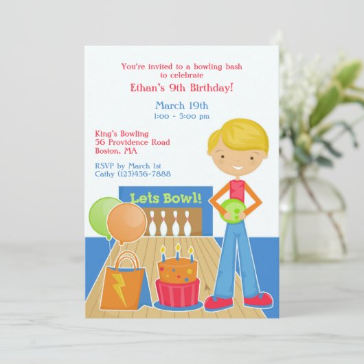 Bowling verjaardagsfeestje platte uitnodiging (Staand voorkant)