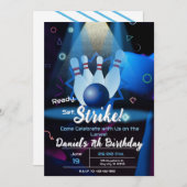 Bowling verjaardagsfeestje retro neon kaart (Voorkant / Achterkant)