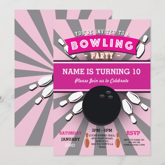 Bowling verjaardagsfeestje Tenpin Meisjes Roze Uit Kaart (Voorkant / Achterkant)