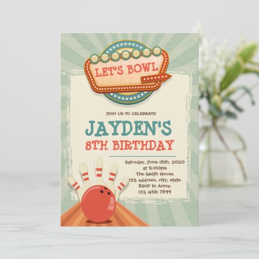  bowling verjaardagsfeestje uitnodiging (Staand voorkant)