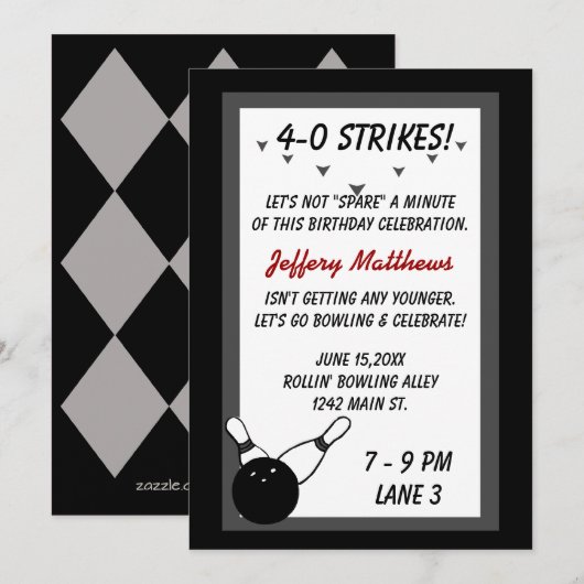 Bowling Verjaardagsfeestje Zwart Grijs Leeftijd aa Kaart (Voorkant / Achterkant)