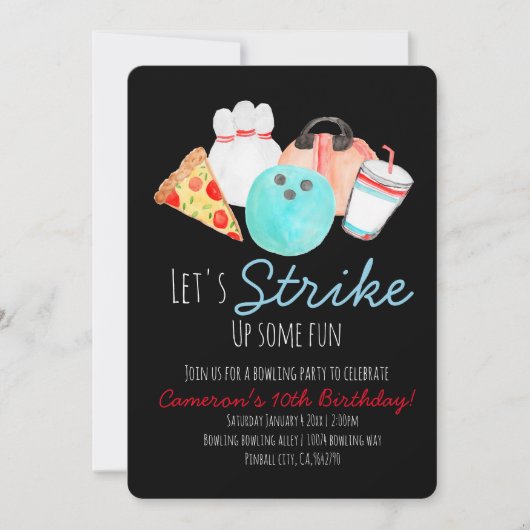 Bowling verjaardagsfeestuitnodiging zwart uitnodig kaart (Voorkant)