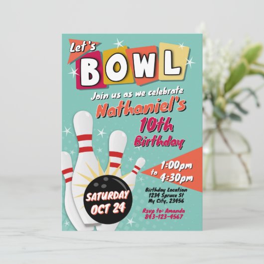 Bowling verjaardagsuitnodiging Retro Kaart (Staand voorkant)