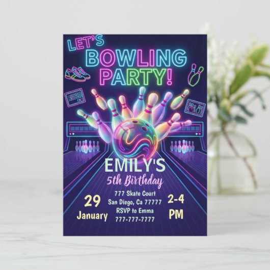 Bowling Verjaardagsuitnodiging Sla Aan Met Wat Ple Kaart (Staand voorkant)