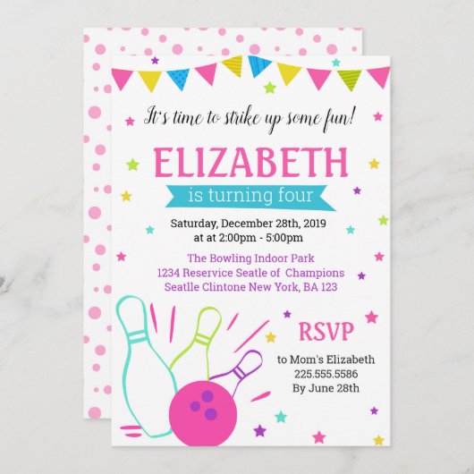 Bowling verjaardagsuitnodiging voor meisje kaart (Voorkant / Achterkant)