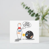 bowlingbal en speld wil me op mijn rug briefkaart (Staand voorkant)