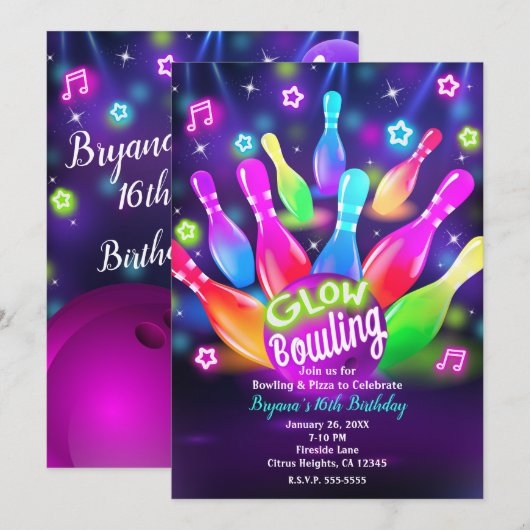 Bowlingbal verjaardagsfeestje Glow in the Dark Kaart (Voorkant / Achterkant)