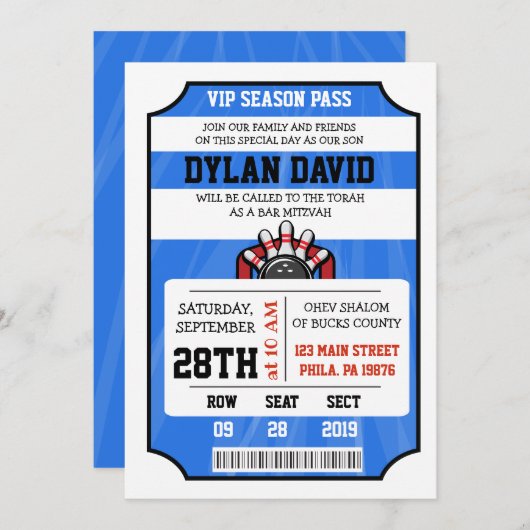 BOWLINGKAARTJE Bar Mitswa Uitnodiging (Voorkant / Achterkant)