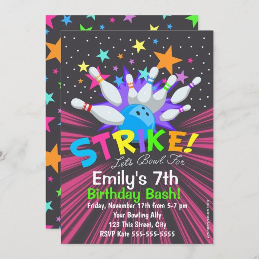 Bowlinguitnodigingen, uitnodiging voor bowling ver (Voorkant / Achterkant)