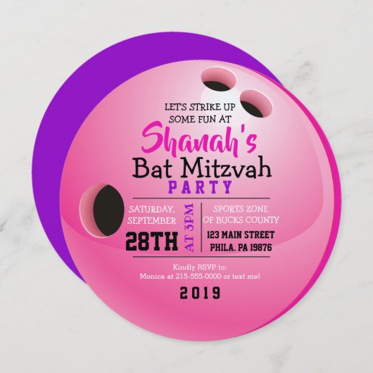 BOWLLING BALL ROUND Bat Mitzvah Party nodigt uit Kaart (Voorkant / Achterkant)