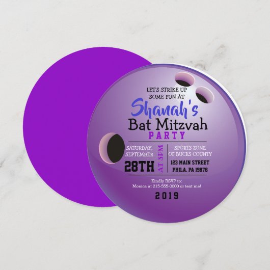 BOWLLING BALL ROUND Bat Mitzvah Party nodigt uit Kaart (Voorkant / Achterkant)