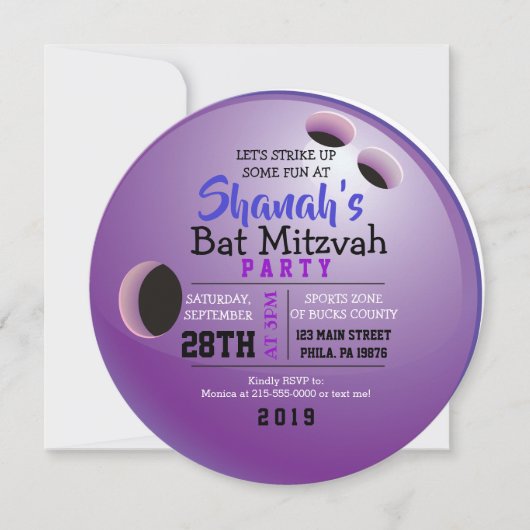 BOWLLING BALL ROUND Bat Mitzvah Party nodigt uit Kaart (Voorkant)