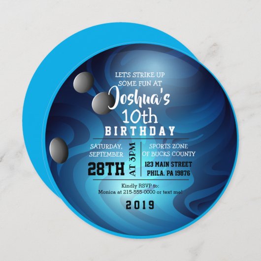 BOWLLING BALL ROUND Blue Birthday Party Invitation Kaart (Voorkant / Achterkant)