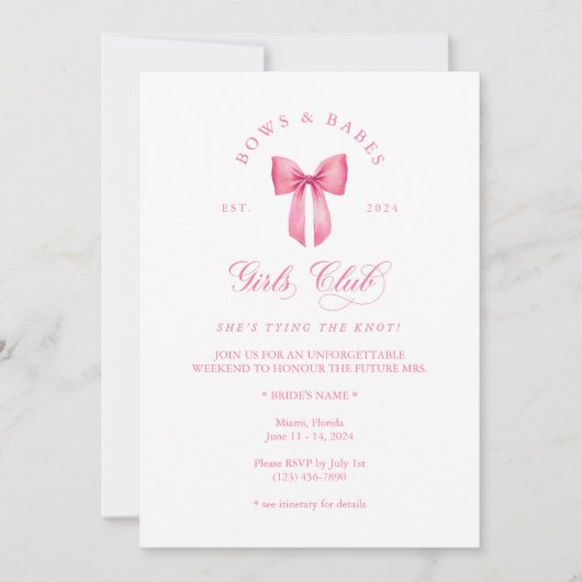 Bows and Babes Girls Club Bachelorette Uitnodiging (Voorkant)
