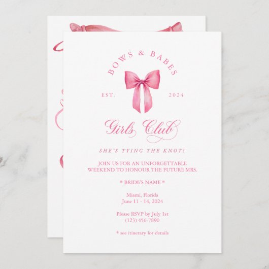 Bows and Babes Girls Club Bachelorette Uitnodiging (Voorkant / Achterkant)