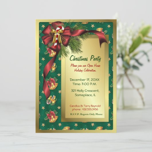 Bows and Bells Kerstuitnodiging Kaart (Staand voorkant)