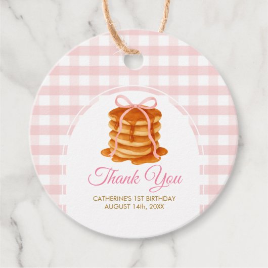Bows and Brunch Pancake Pink 1st Birthday Gingham Bedankjes Labels (Voorkant)
