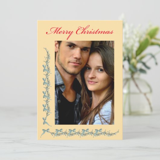 Bows and Sprigs - Photo & Christmas message Feestdagenkaart (Staand voorkant)