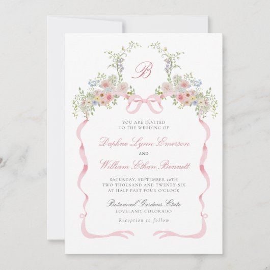 Bows and Wildflowers Wedding Invitation Kaart (Voorkant)