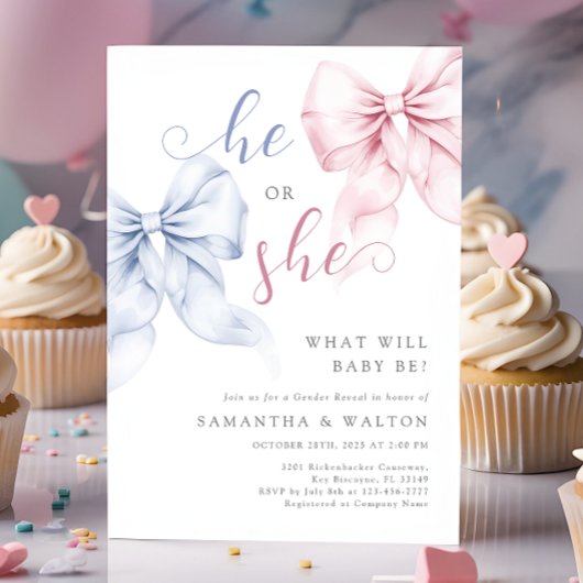 Bows Gender Reveal Party Invitation Kaart