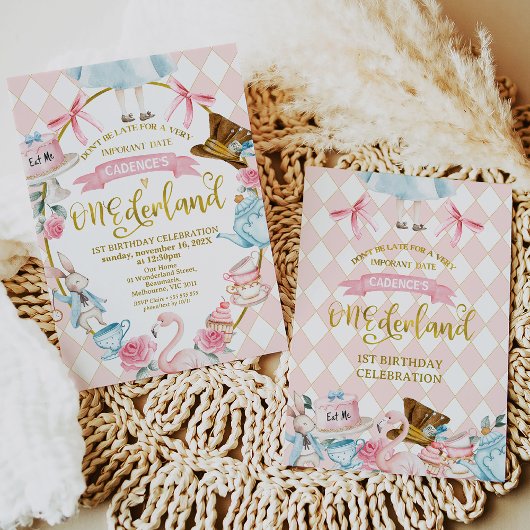 Bows Pink Alice Onederland 1e verjaardag uitnodigi Kaart
