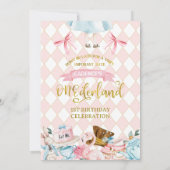 Bows Pink Alice Onederland 1e verjaardag uitnodigi Kaart (Achterkant)