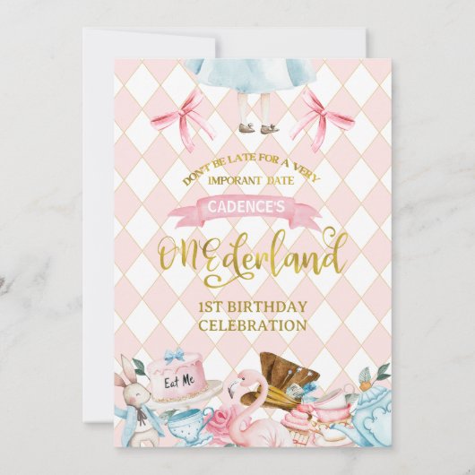 Bows Pink Alice Onederland 1e verjaardag uitnodigi Kaart (Achterkant)